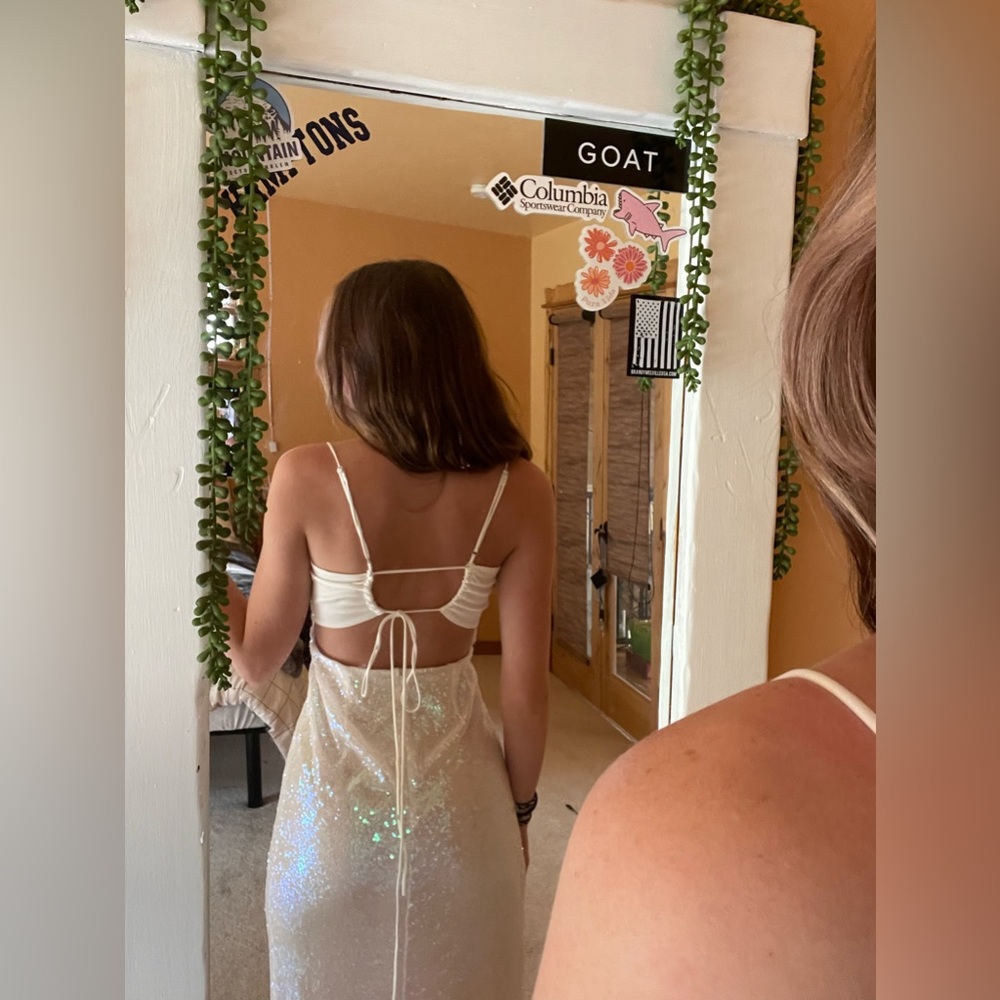 Lucy in the Sky white iridescent prom dress